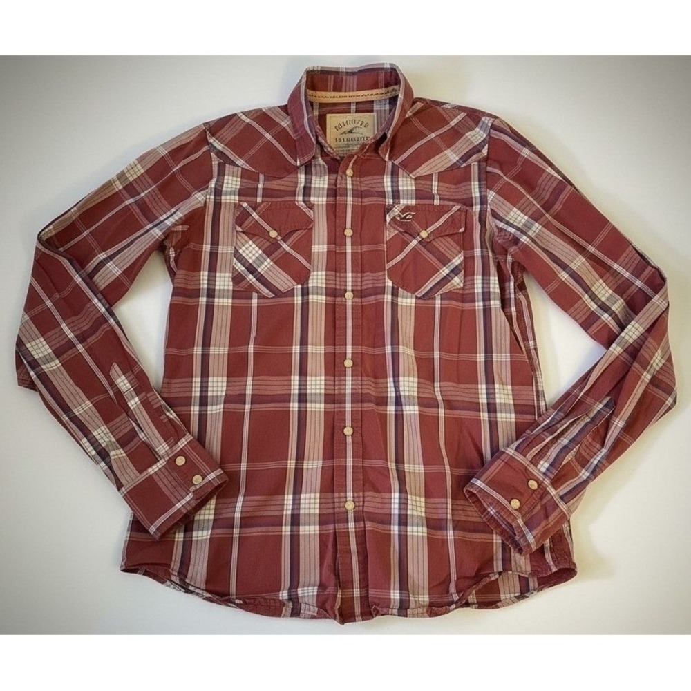 Hollister Mend Medium Western Pearl Snap Plaid Shirt Red Burgundy Long Sleeve